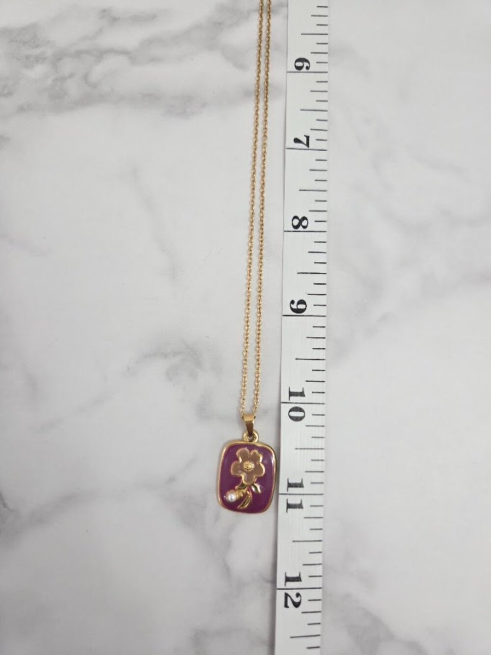 Gold Purple Enamel Flower Pendant Necklace Dainty Pearl Accent Jewelry - Picture 8 of 13